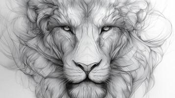Intricate black and white sketch of a lion's face showcasing geometric patterns and tattoo elements with majestic detail photo