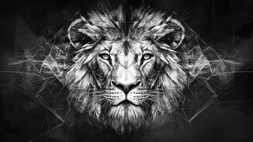 Intricate black and white sketch of a lion's face featuring geometric shapes and tattoo-style details, showcasing its majestic power photo