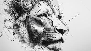 A detailed black and white sketch of a lion's face featuring geometric shapes, showcasing its majestic power in tattoo art style photo