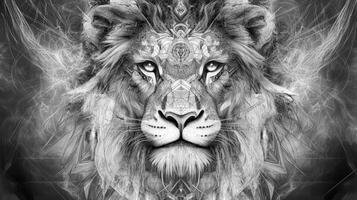 Intricate black and white sketch of a lion's face featuring geometric shapes and details, showcasing a majestic and powerful design photo