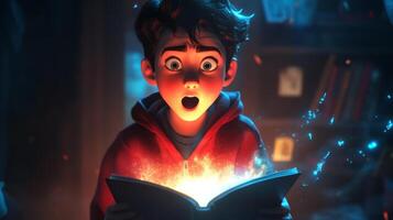 A boy marvels at a glowing book, discovering magic and wonder in a cozy room filled with adventure and dreams photo
