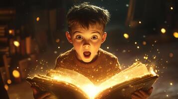 A curious boy gazes in awe at an enchanted book filled with glowing magic in a cozy, dimly lit room photo