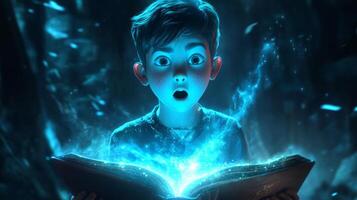 A boy with a surprised expression discovers a glowing book filled with magical light in a world of fantasy and wonder photo