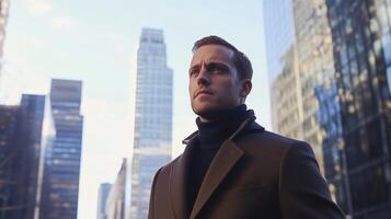 Confident businessman standing in a modern urban setting with skyscrapers towering under the clear sky during daylight hours photo