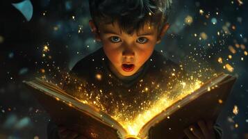 A boy experiences wonder while holding an open book that shines with magical light in a fantastical setting photo