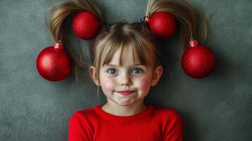 Child with pigtails decorated with red ornaments makes playful faces in a bright setting, capturing a moment of joy and creativity photo