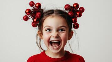 A cheerful child with pigtails adorned with red ornaments making funny faces during a playful moment indoors photo