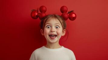 A child with pigtails decorated with red ornaments making funny faces against a bright red background full of joy and playfulness photo