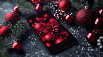 Festive Christmas greeting displayed on a smartphone surrounded by red decorations and holiday accents in a cozy winter setting photo