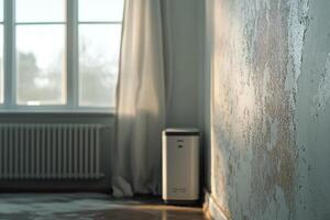Close-up of a bedroom corner showing signs of high humidity with peeling paint, damp stains, and a dehumidifier in natural light photo