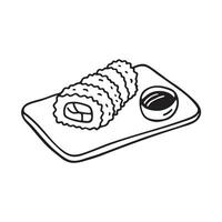 A tempura roll beside soy sauce on a sushi platter vector
