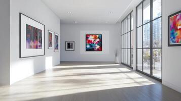 Contemporary art gallery showcasing vibrant framed artworks in a bright, minimalistic space during daylight hours photo
