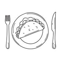 A taco resting on a diner plate with a fork nearby vector