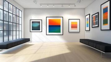 Contemporary art gallery showcasing vibrant framed artworks on bright walls in a minimalistic and inviting environment photo