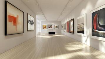 A bright and minimalistic contemporary art gallery featuring various framed artworks on crisp white walls photo