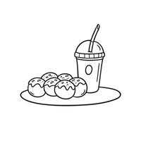 A takoyaki beside a cold drink on a table in the park vector