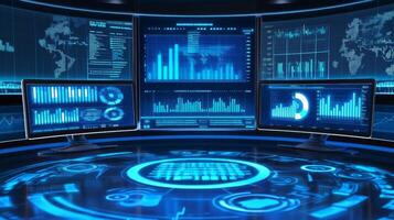 Futuristic creative workspace featuring dual monitors with advanced data analytics and innovation themes photo