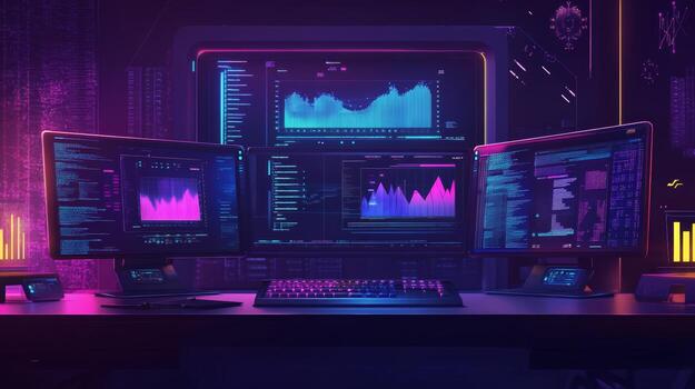 Futuristic creative workspace featuring dual monitors displaying advanced data analytics and technology concepts at night photo