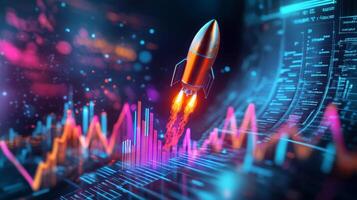 Rocket launch symbolizes growth and progress with vibrant data visuals amidst futuristic graphs in a digital landscape photo