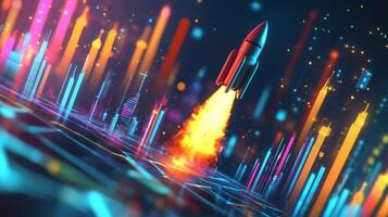 A futuristic rocket launch signifies progress and growth amidst vibrant data visualizations and graphs in a digital landscape photo