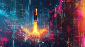 A vibrant rocket launches amidst futuristic data and graphs, symbolizing growth and progress in a digital landscape photo