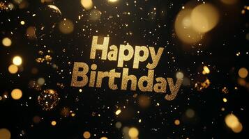 Celebrate in style with elegant Happy Birthday text adorned with golden sparkles on a luxurious black background for a festive atmosphere photo