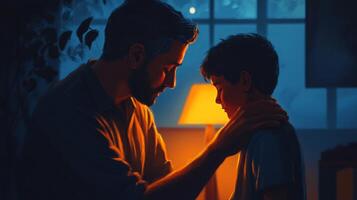 Father comforts his son in a warm, supportive atmosphere during an intimate evening at home, fostering a deep emotional connection photo