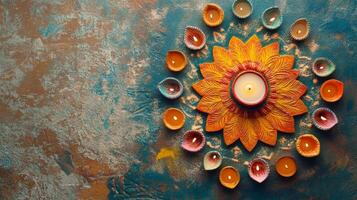 Vibrant Diwali rangoli design with colorful candles illuminating the festive atmosphere during the celebration photo