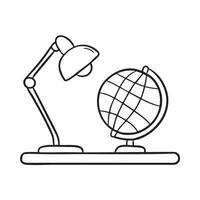 A table lamp placed near a globe on a wooden desk vector