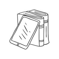 A tablet propped up by a book in a library corner vector