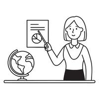 A teacher pointing at a diagram beside a table with globe vector