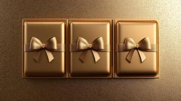 Luxurious gold gift boxes with ribbons arranged elegantly against a shiny golden background, perfect for celebrations and special occasions photo