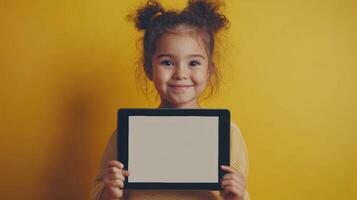 Cheerful girl holding a blank digital tablet against a simple yellow background expressing joy and creativity in an indoor setting photo