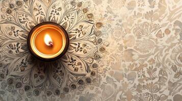 A glowing Diwali lamp rests on a beautifully patterned background, creating a festive atmosphere for celebration and traditions photo