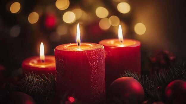 A warm arrangement of golden and red candles glowing softly on a dark background for a festive occasion photo