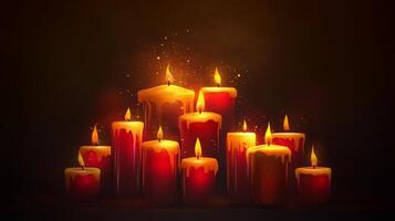 A festive arrangement of golden and red candles creating a warm glow against a dark background, perfect for holiday celebrations photo