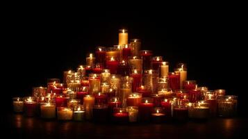 Warm and festive arrangement of golden and red candles glowing against a dark background during a cozy evening celebration photo