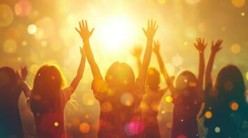 Children joyfully raising their hands in excitement during a sunny outdoor gathering symbolizing friendship and unity photo