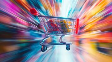 A high-speed shopping cart zooms through a vibrant backdrop, showcasing the excitement of online shopping in a dynamic environment photo