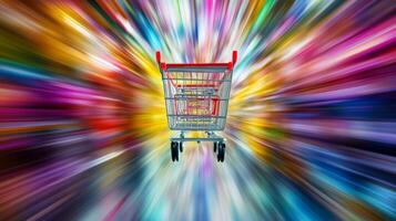 A shopping cart speeds through a vibrant, dynamic background symbolizing the thrill of online shopping in a colorful setting photo