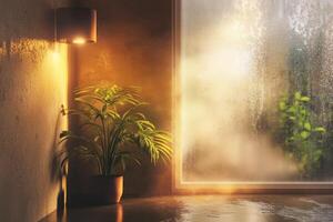 Modern interior of a home showing humidity issues with condensation, mold growth, and warm lighting in a cozy atmosphere photo
