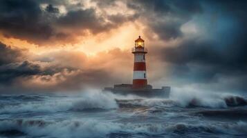 Isolated lighthouse bravely stands against stormy ocean waves under dramatic lighting at dusk photo