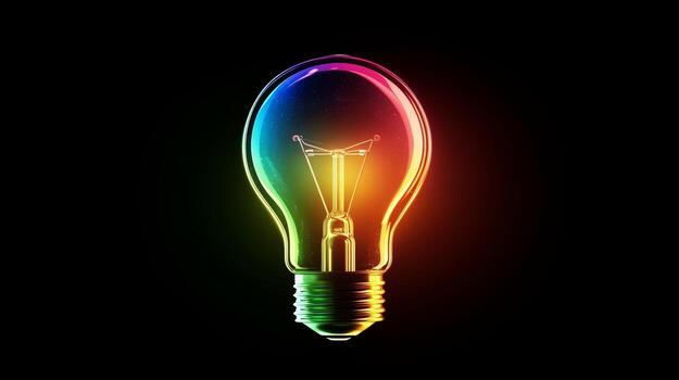 A glowing lightbulb radiates vibrant colors, symbolizing creativity and innovation against an abstract, futuristic backdrop photo
