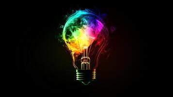 A vibrant lightbulb emitting colorful brilliance, representing creativity and innovative ideas against an abstract futuristic background photo