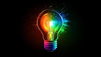A glowing lightbulb radiates vibrant colors against an abstract futuristic background, embodying the essence of creativity and innovative ideas photo