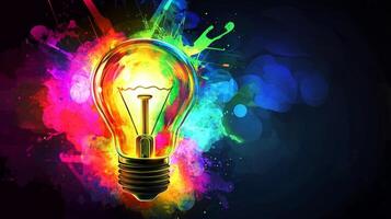 A glowing lightbulb radiating vibrant colors against an abstract futuristic background, representing creativity and innovative ideas photo