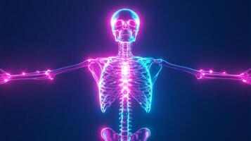 Futuristic medical illustration of a neon blue and pink human skeleton and nervous system showing energy flow through the body photo