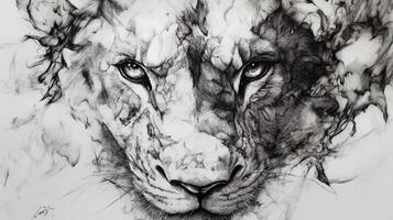 A striking monochromatic sketch showcasing the bold and intense face of a lion with intricate line art, emphasizing its fierce gaze photo