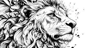 Intense monochromatic sketch of a lion's face showcasing detailed line art and bold expressions in black and white photo