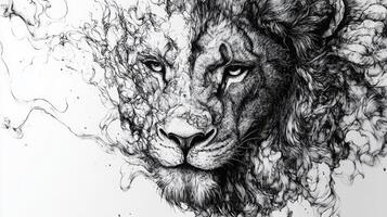 Intricate monochromatic sketch of a lion's face showcasing bold line art and intense expression in a striking black and white design photo